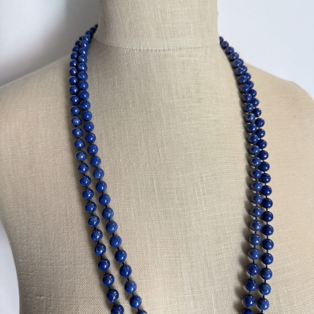 Long Blue Beaded Necklace Marbled Round Beads Double Strand Screw Clasp - Picture 10 of 12